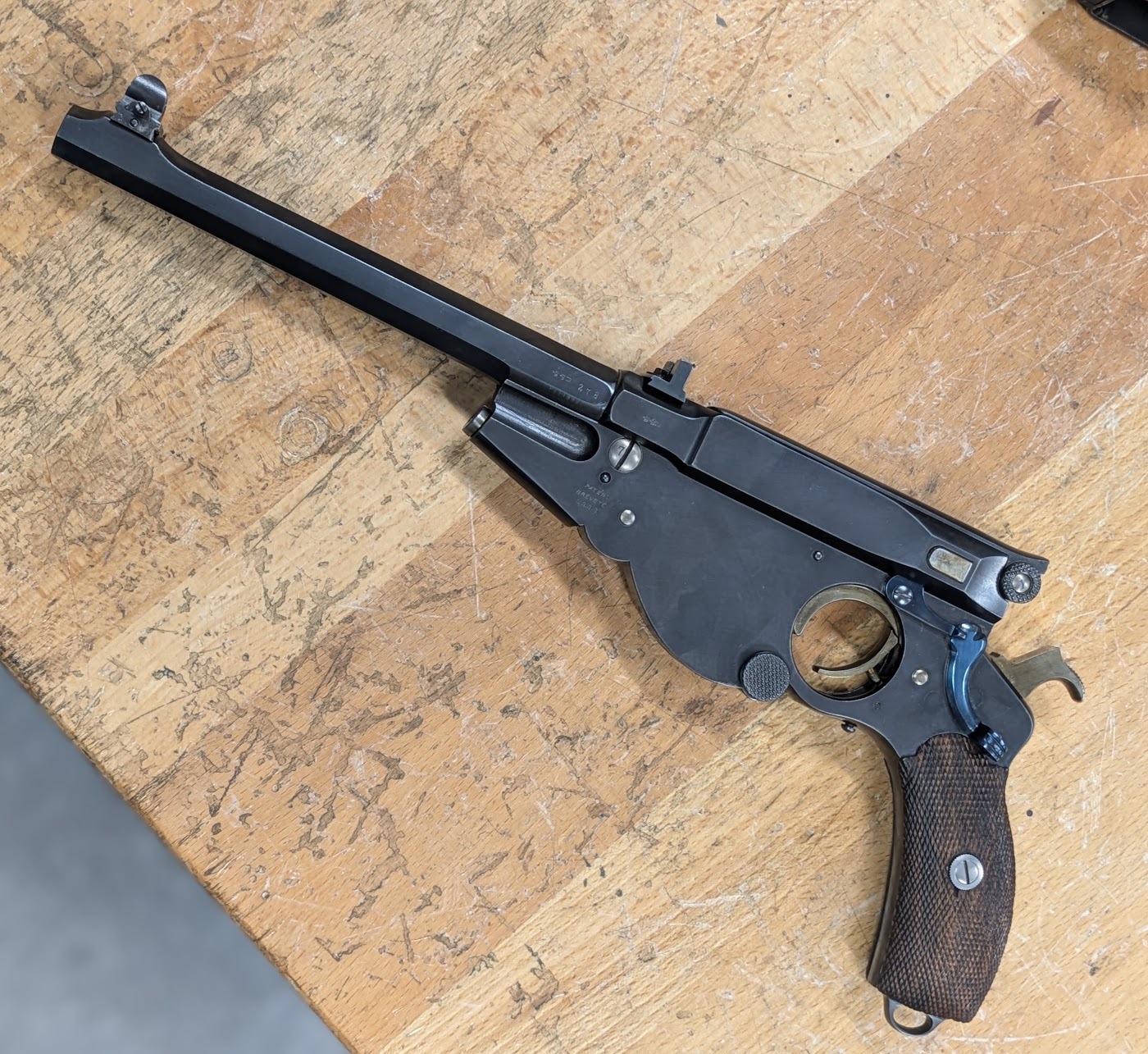 This particular one is a target model, featuring advanced sights and a set trigger.